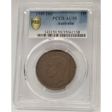 AUSTRALIA 1946 . ONE 1 PENNY . PCGS AU50